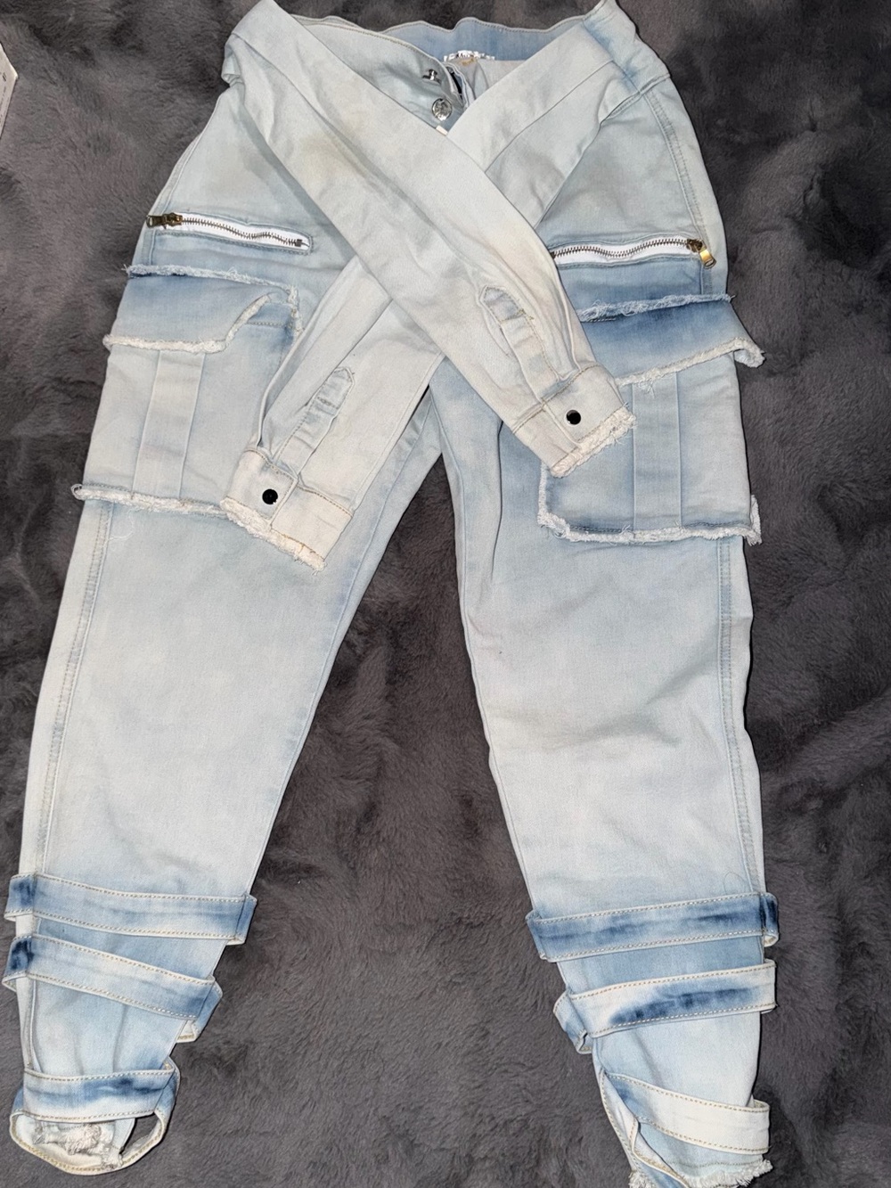 Women’s Light Blue Skinny Cargo Jeans with Strapped Details